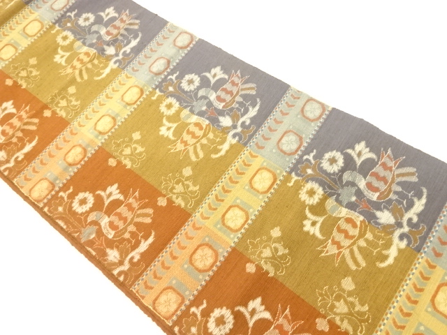 JAPANESE NAGOYA OBI / TSUMUGI / WOVEN STRIPE & FLOWER & BIRD